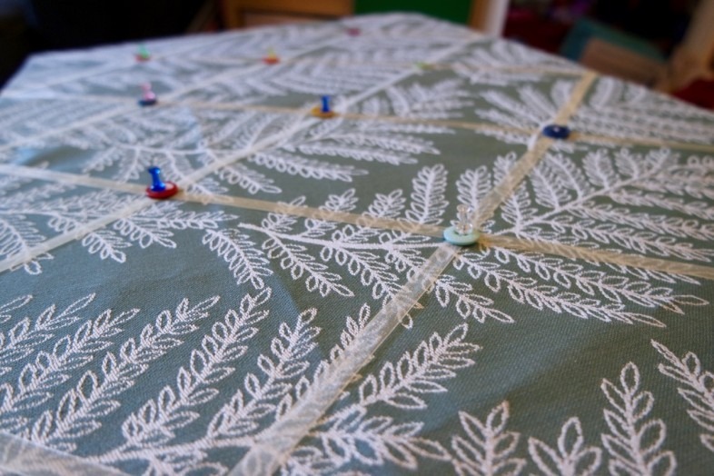 Sewing on the ribbon & buttons - I used pins to temporarily secure everything in place