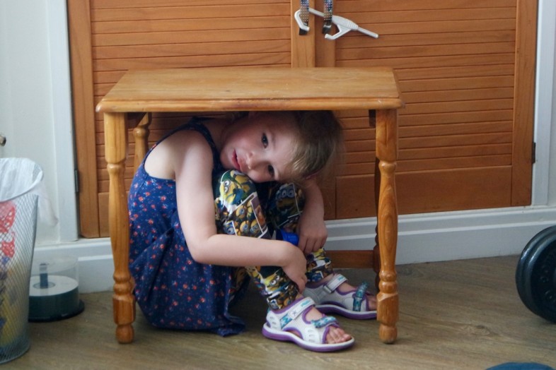 Georgie hiding under a table