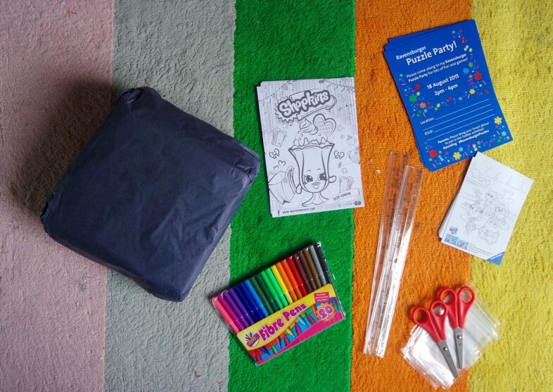 Mysterious package for Pass the Parcel, Supplies for making our own puzzles, and some snazzy invitations