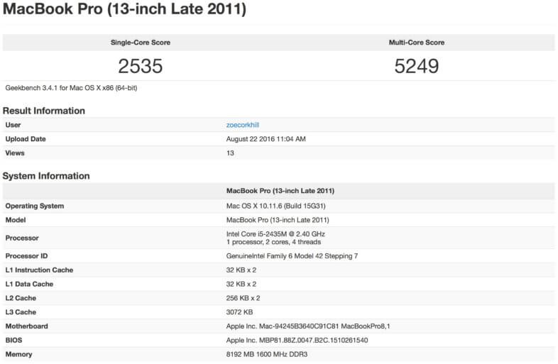MacBook Pro Geekbench score