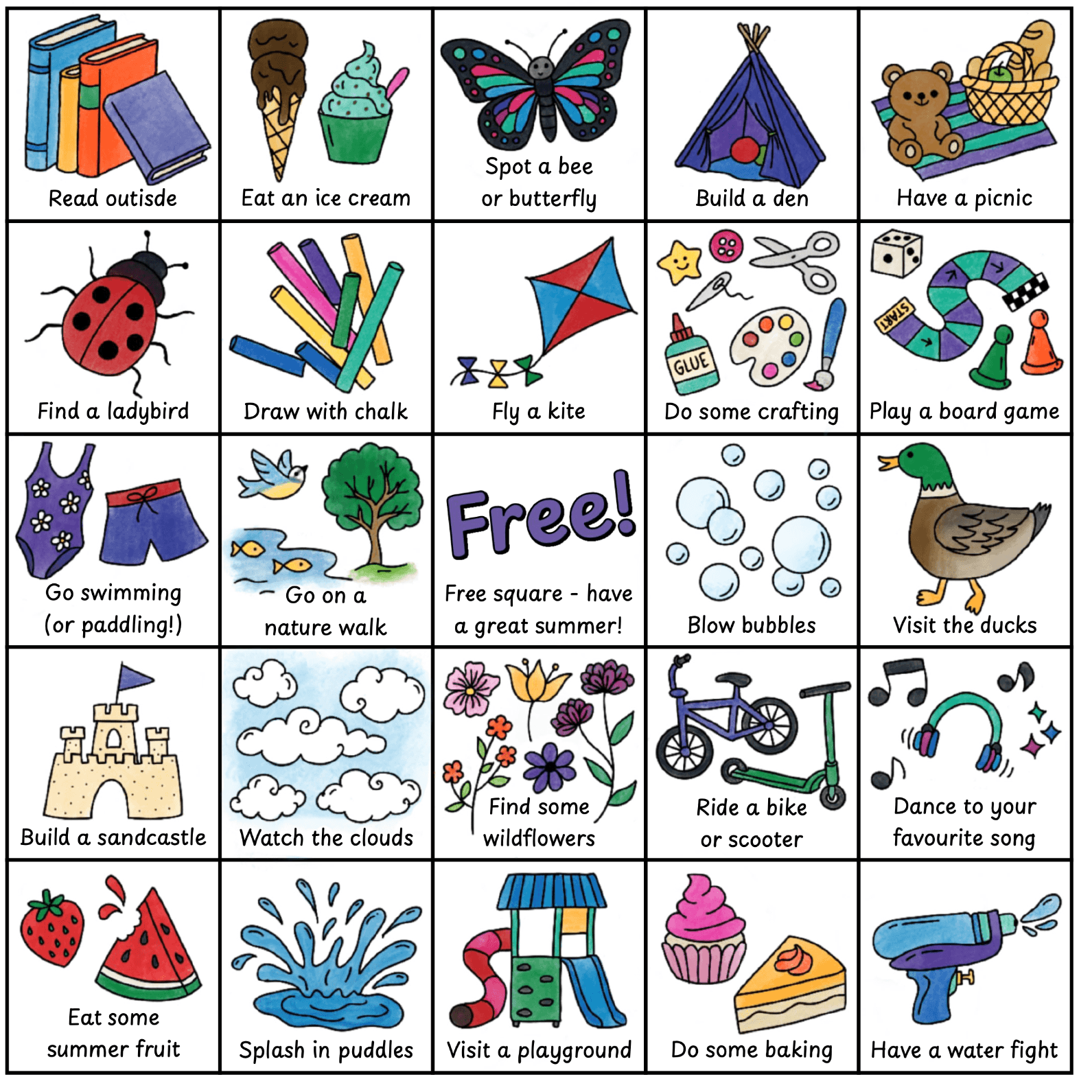 Summer Bucket List Bingo – Colour Version
